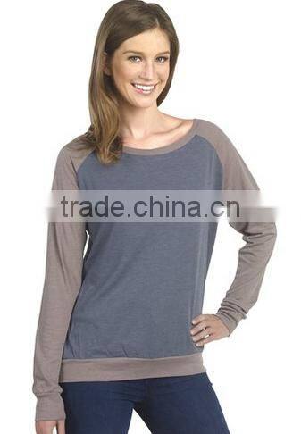 Factory Direct Wholesale Women's Cotton Poly Contrast Raglan Long Sleeve Pullover