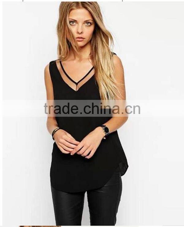 European and American style solid color V-neck blouses stitching gauze halter T-shirt Tank top women