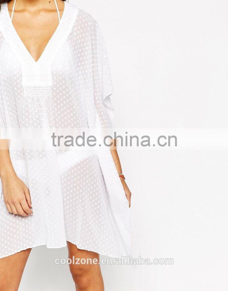 Relaxed fit V-neck semi-sheer kaftan embroidered dot kaftan dress
