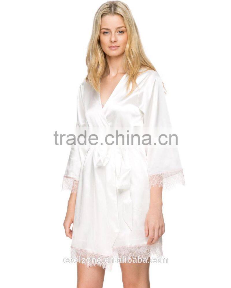 Fashion wrap front long sleeves robe relaxed fit silk robe with belt
