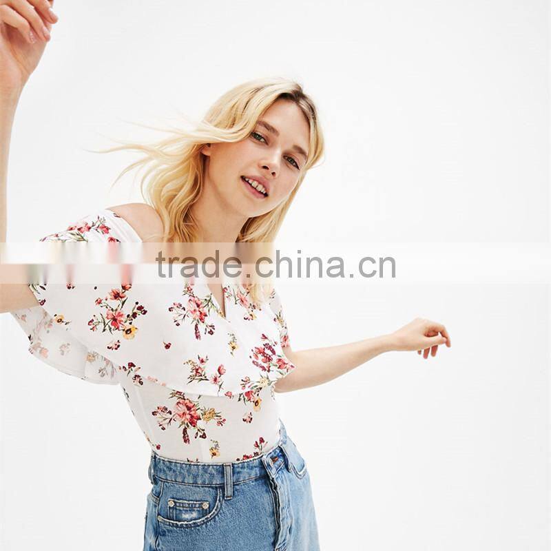 2017 Summer popular ladies sexy bardot neckline ruffled T-shirt