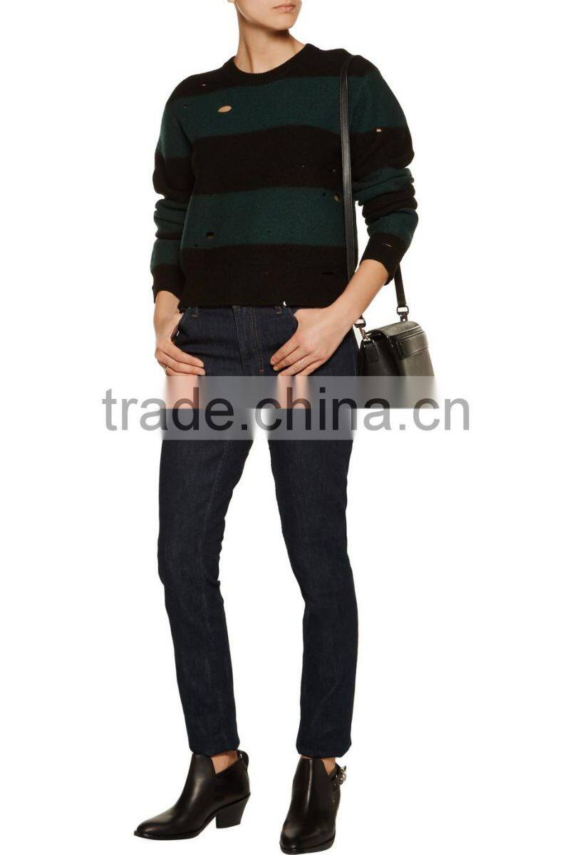 High Quality 100% Wool Mid-weight Striped Distressed Sweater Knitted for Women