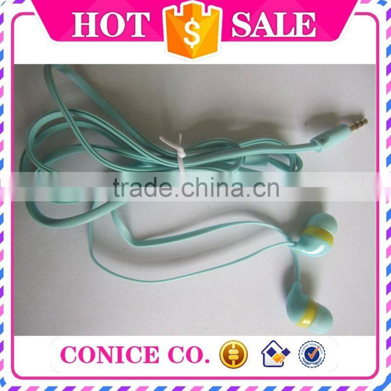 2015 high quality stereo 3.5mm metal jack flat cable silicone plug in-ear stereo earphone for MP3