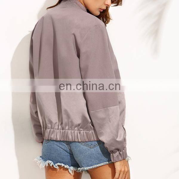Guangzhou garments woman clothing color block panel bomber jacket