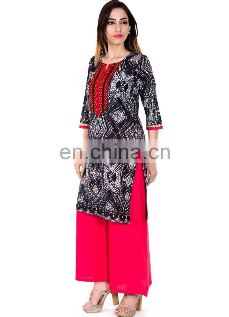 Embroidered black color white dot print beautiful lady kurti manufacturer India