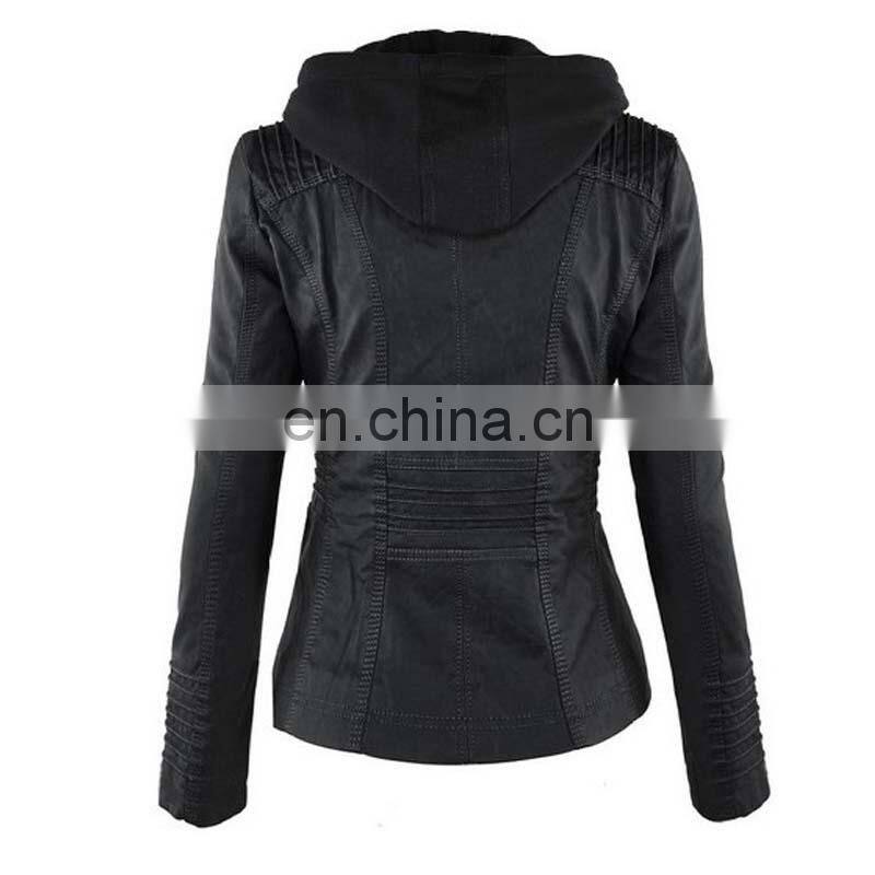 Customized wholesale Plus size women's detachable hooded leather jacket coat top motorcycle jacket PU pilot motorcycle suit