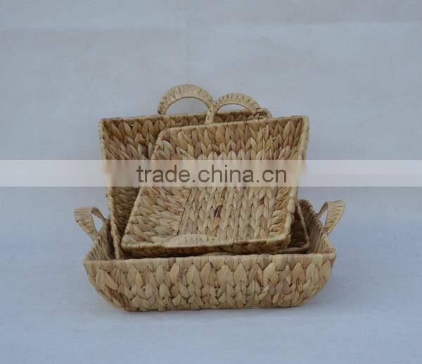 S/3 Square Water Hyacinth Woven Gift Tray with Handles