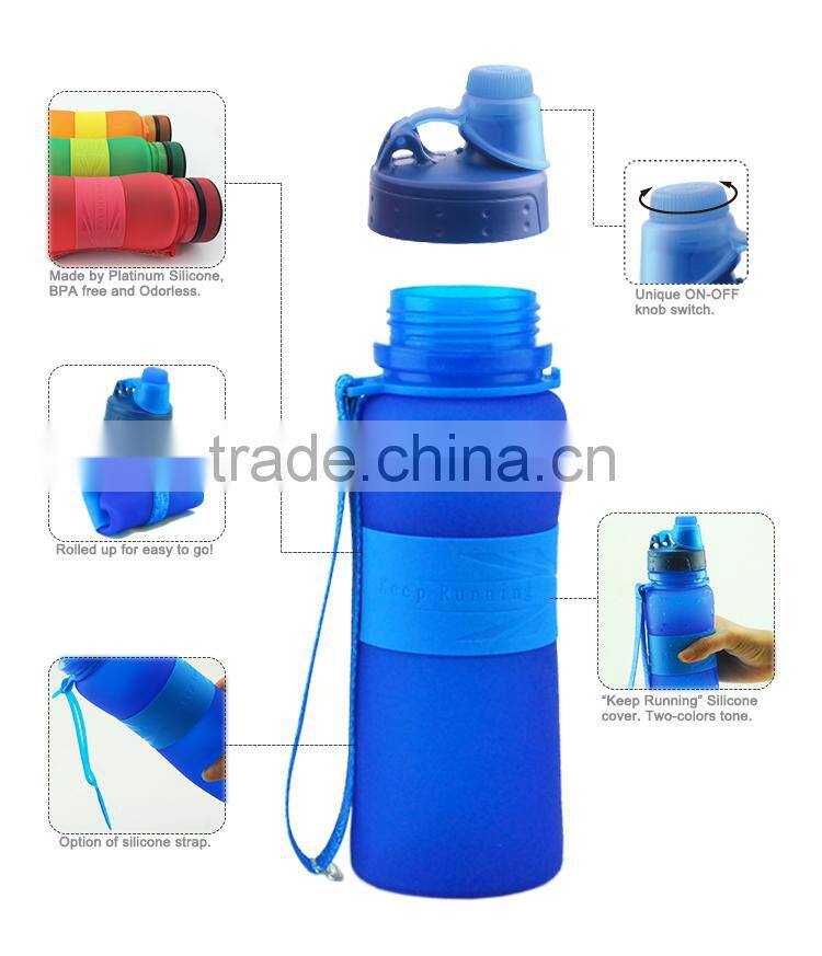 New 650ml/22oz Collapsible, Rollable Silicone Water Bottle with Screw Cap, BPA Free, Up to LFGB Standard