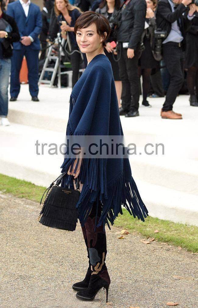 Latest Style Navy Blue Color Tassel Poncho Wool Shawl