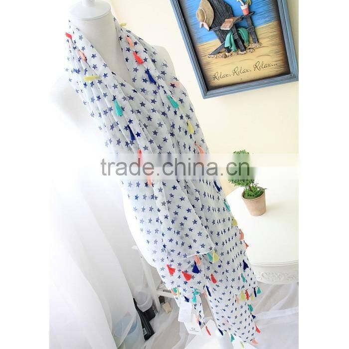 Hot Selling Korean Navy Star Printed Colorful Tassels Fashion Ladies Scarf
