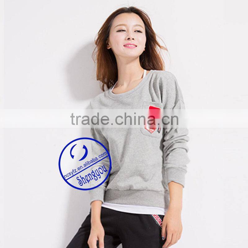 custom women's long sleeve crewneck sweatshirts with chest pocket