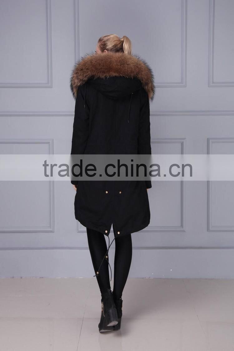 New Fashion Real Raccoon Fur Collar Fox Fur Lining Removable Hooded Parka