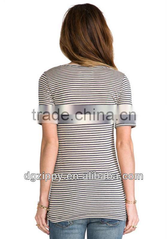 Short Sleeve V-Neck Navy/Beige Stripe women plain t-shirt
