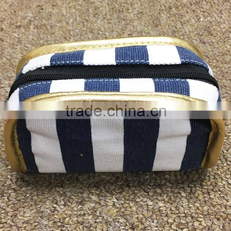 Blue Stripe Printing Cotton Canvas Zipper Pouch Make Up Clutch Bag With Gold Edge
