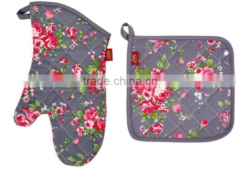 2015 HIGH QUALITY NEW DESIGN PRINTING FLOWERS AND PLANTS COTTON (OVEN MITT& POT HOLDER) KITCHEN SET MK-1502&1506