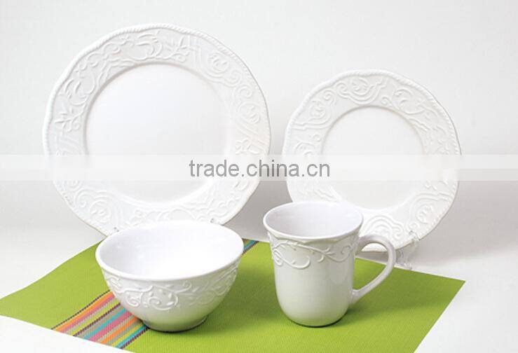 Cheap bulk white embossed ceramic dinner set