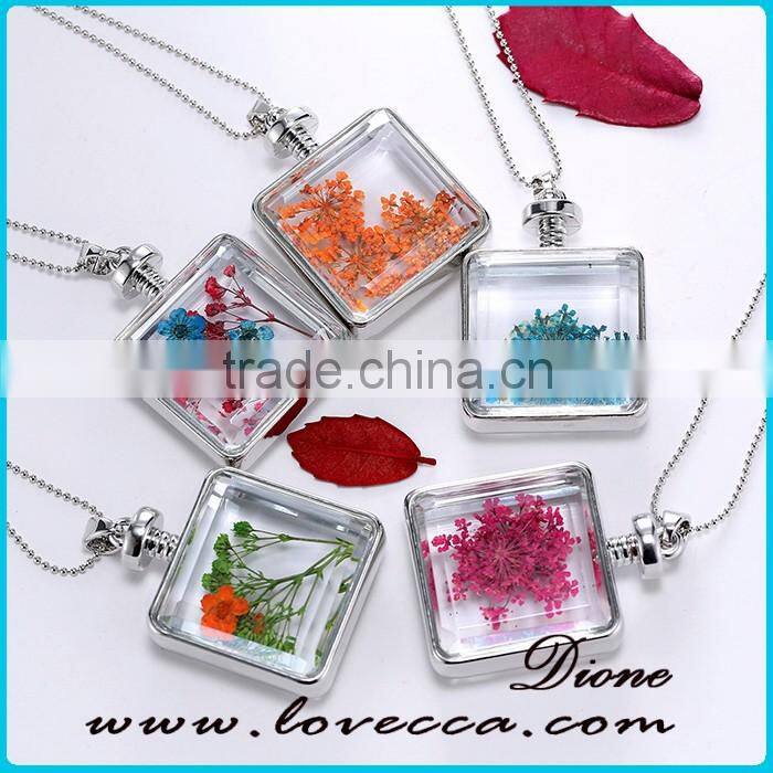 Square Gold Plated Locket Dried Real Flower Necklace