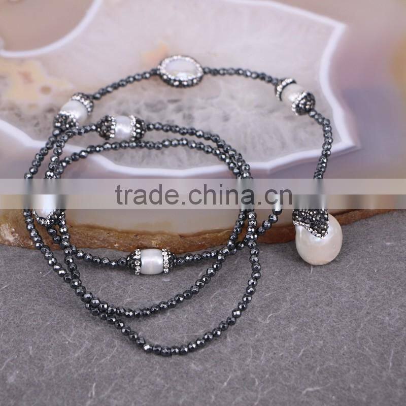 Natural Pearl Gemstone Necklace, Drop Pearl Pendant Charm Hematite Beads Necklace