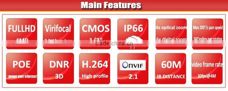 4MP 2.8mm-12mm Lens AutoFocus POE 360 Degree PTZ Network Camera