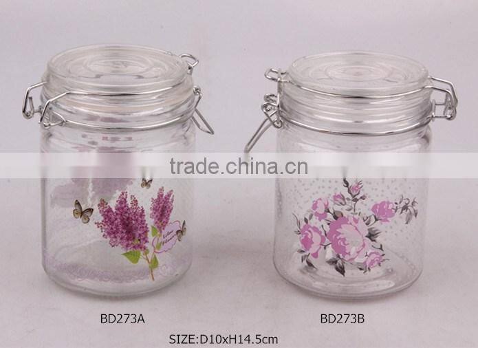 glass jar with decal and glass clip top