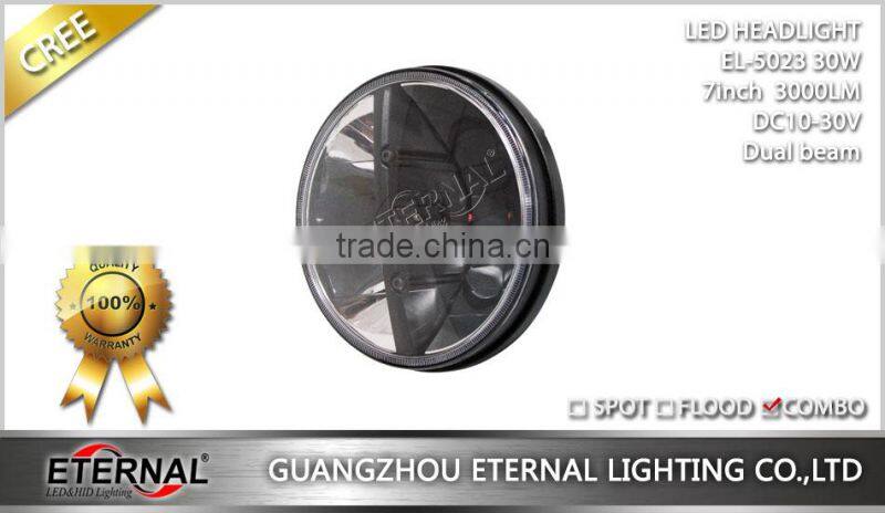 7in round Jeep Wrangler offroad Rubicon motorcycle 30W sealed LED headlight dual beam JK TJ WJ XJ MJ headlight replacement