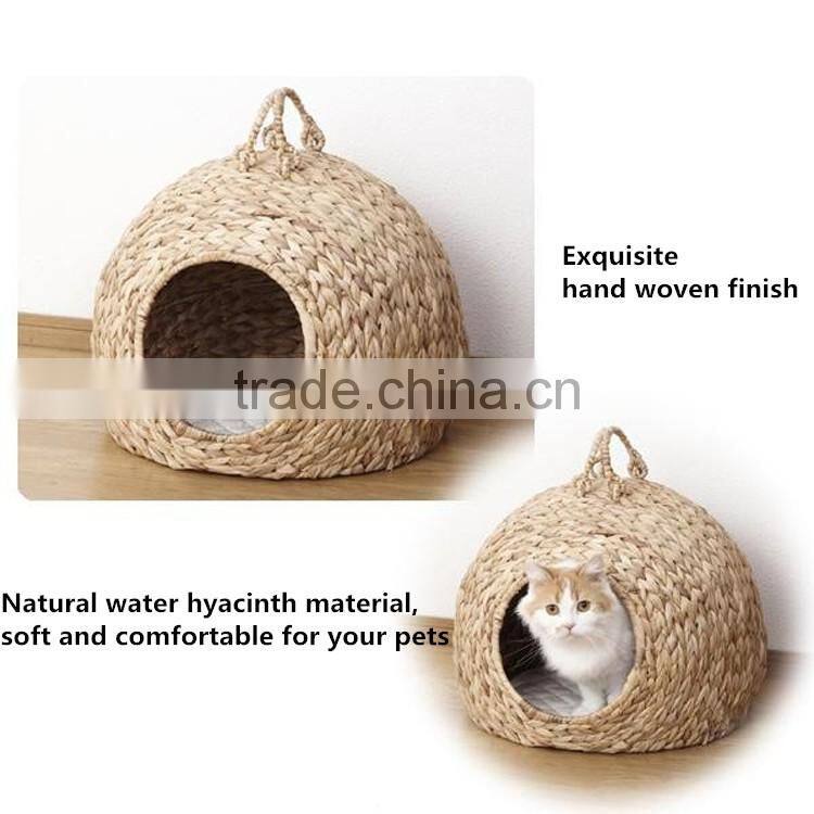 Cat product wholesale flexible handles design natural straw woven cat bed