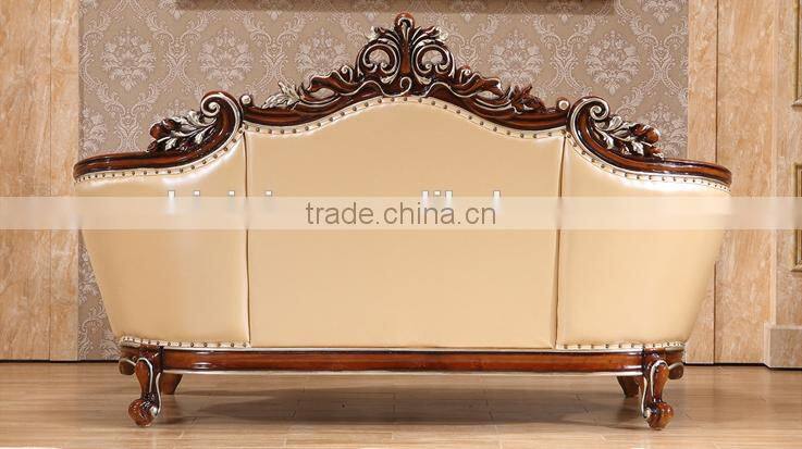Neoclassical solid wood living room furniture genuine leather 1+2+3 sofa set