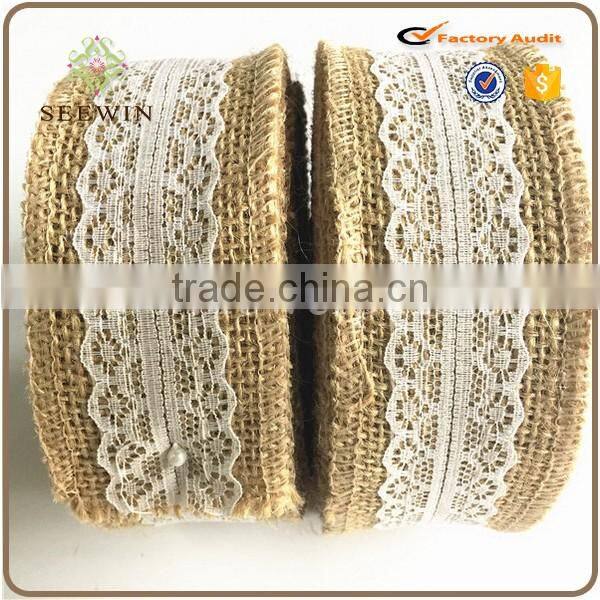 2017 natural jute with lace ribbon gift pack ribbon