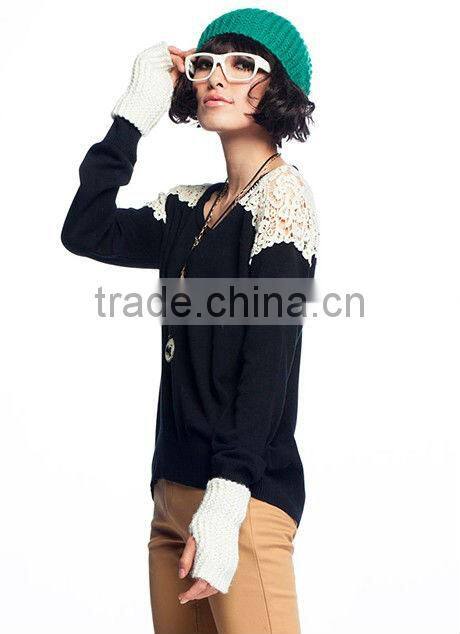 OEM ladies fashion O-neck lace mixed woman kint sweater