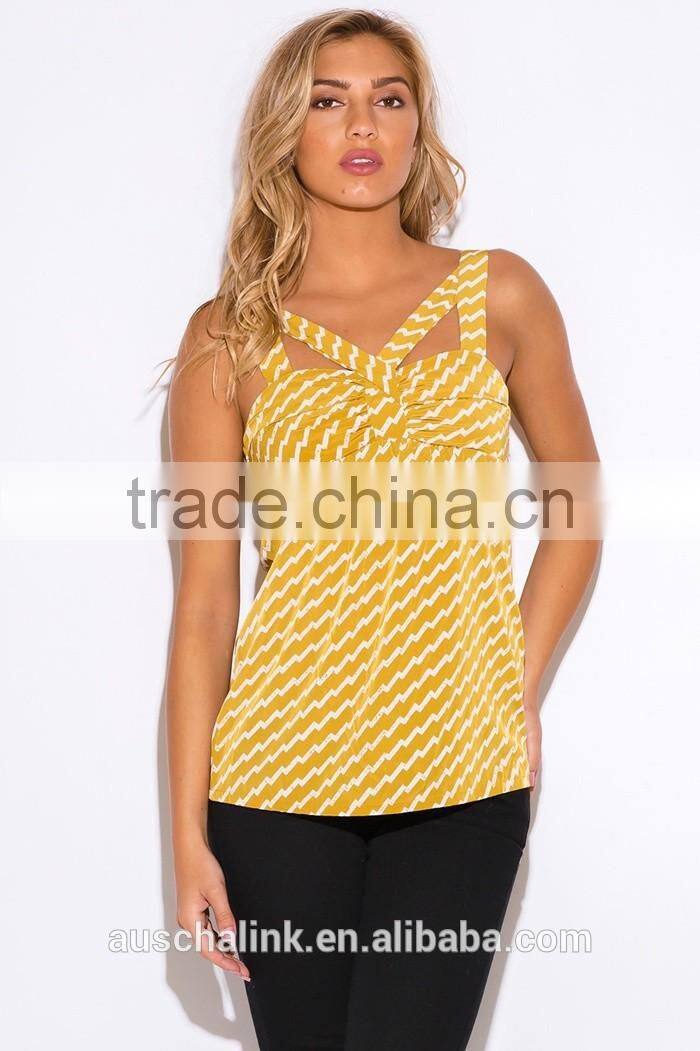 trendy woman yellow chevron print cut out party bulk tank top