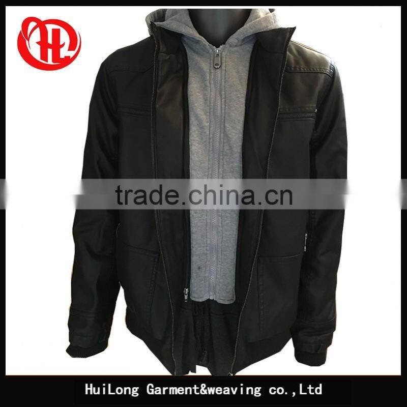 Hot sale high quality washed pu leather fleece hoody men pu jacket