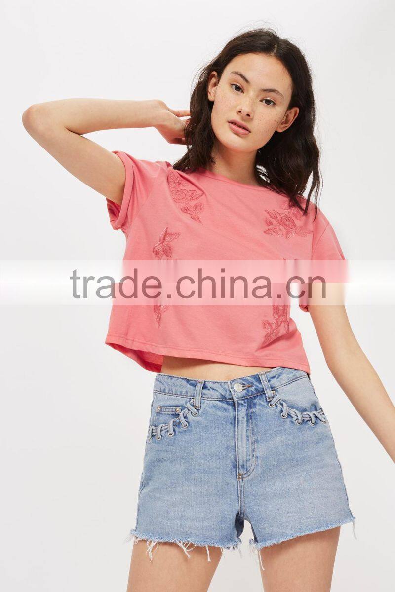 MGOO High Quality 100% Cotton Cuffed Short Sleeves Tank Top Womens Custom Floral Embroidered Crop Top