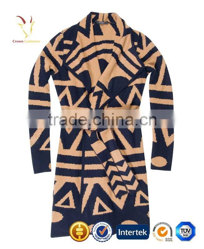 Intarsia Pattern Winter Cardigan Coat for Women with Belt