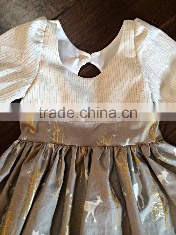 2017 Girls Christmas Reindeer Holiday Dress Stripe Woven Cotton Printed Dress