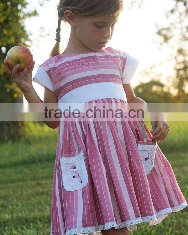 2016 Girls ABC + 123 in Antique Brick Well Dressed Remake Dress Kids Back To School 100% Cotton Striped Lace Dress