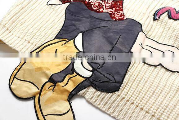 M1209 Runwaylover 2016 latest design fashion ladies v-neck sequin cartoon figure letter pattern sweater