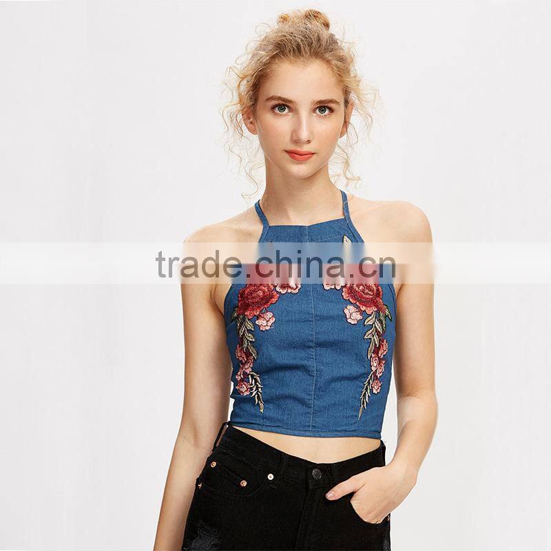 Embroiedered design secy tank top, ladies fashion cami clothing