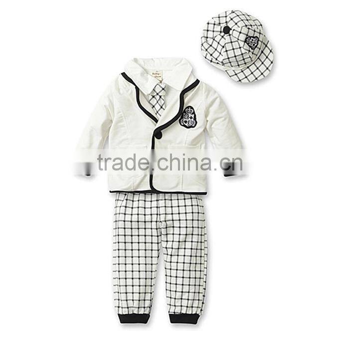 2016 Hot Sale Boy Clothing Prince Handsome Boy Suits White Coats Grey Cap And Strip Pants Children Wear Kids Clothes