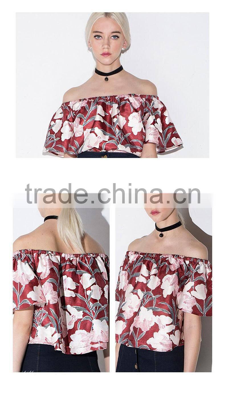 2016 ladies floral printing cross-collar boat neck strapless vintage shirt/blouse