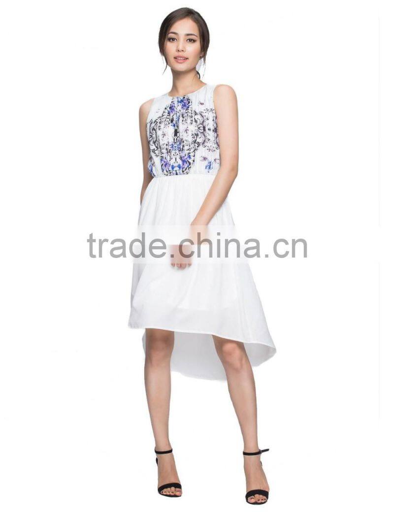 Girls retro flavor printed sleeveless irregular dress