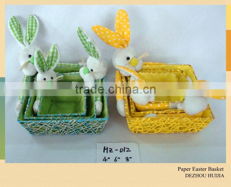 long ears plush rabbit toys with basket made by paper string for easter