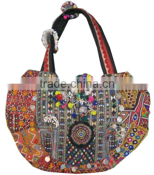 tribal ethnic bags with embroidery, tassels, pom-pom and coin