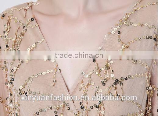 New long sleeves deep V sexy dress net yarn tassel sequins skirt summer