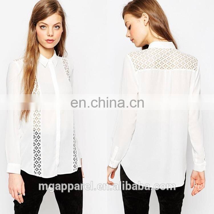 Latest fashion blouse design woven fabric long sleeve lady white lace blouse