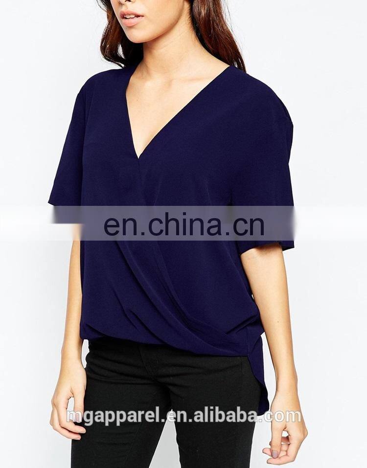 New fashion design lady blouse woven fabric V-neck short sleeve woman blouse