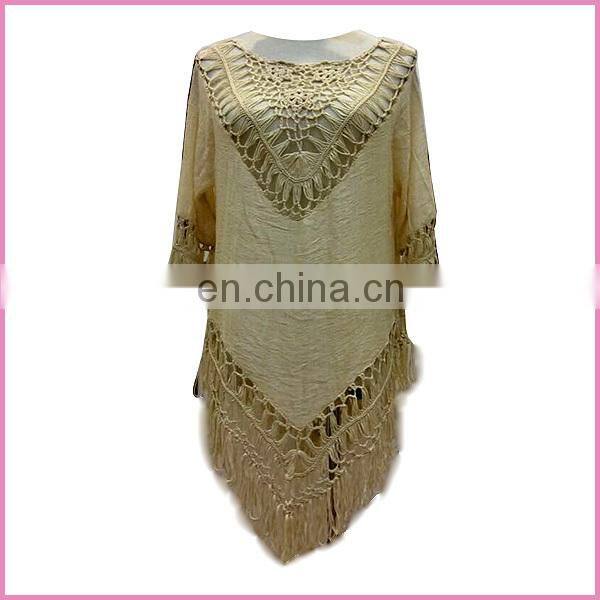 Guangzhou 2015 casual gypsy style hollow poncho blouse and shirt with long tassel