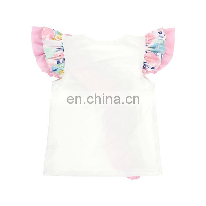 Unique ruffle flutter sleeve girl top baby white color top with colorful ruffles