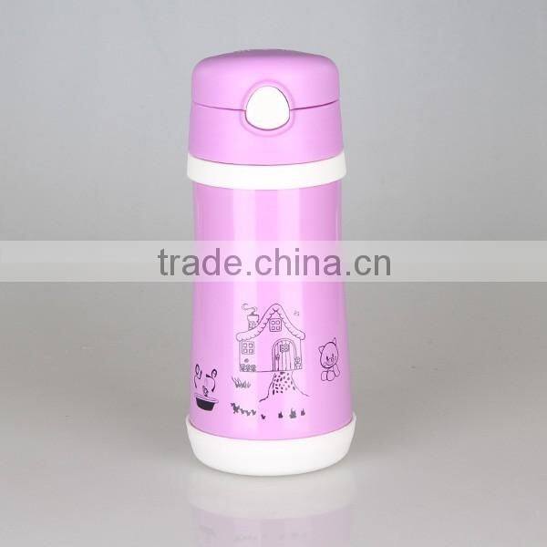 Double wall pink vacuum flask for kids with inner cap straw and carabiner vacuum flask