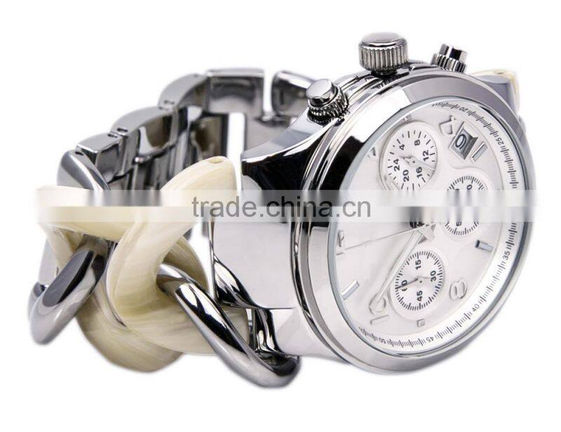 Custom brand lady vogue oem japan movt chronograph quartz women's stainless steel acetate watch waterproof 5ATM