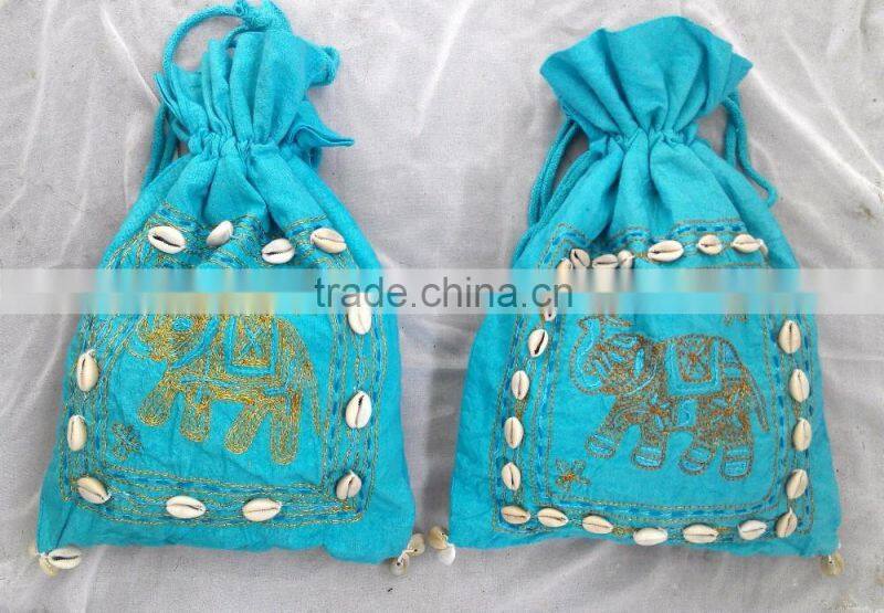 100 % Cotton banjara potli bag with elephant design and shells ibiza bag